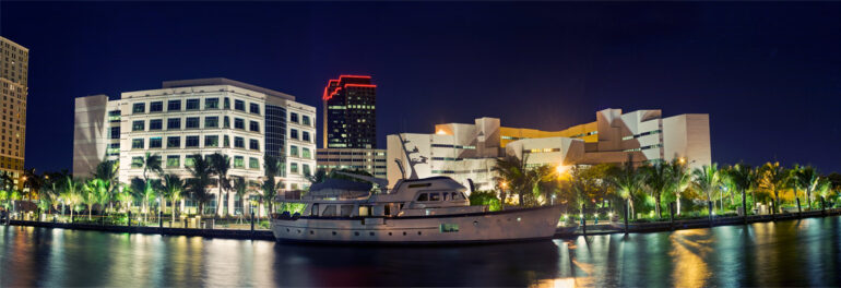 A long exposure photo of a feadship docked in Fort Lauderdale