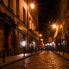 Cobblestone Paris street at night