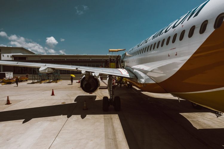 An airplane parked at the gate in the Philippines' Puerto Princessa International Airport