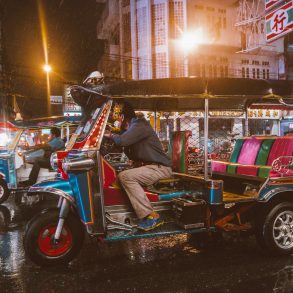 A tuk tuk waiting in the rain in Bangkok, Thailand's Chinatown